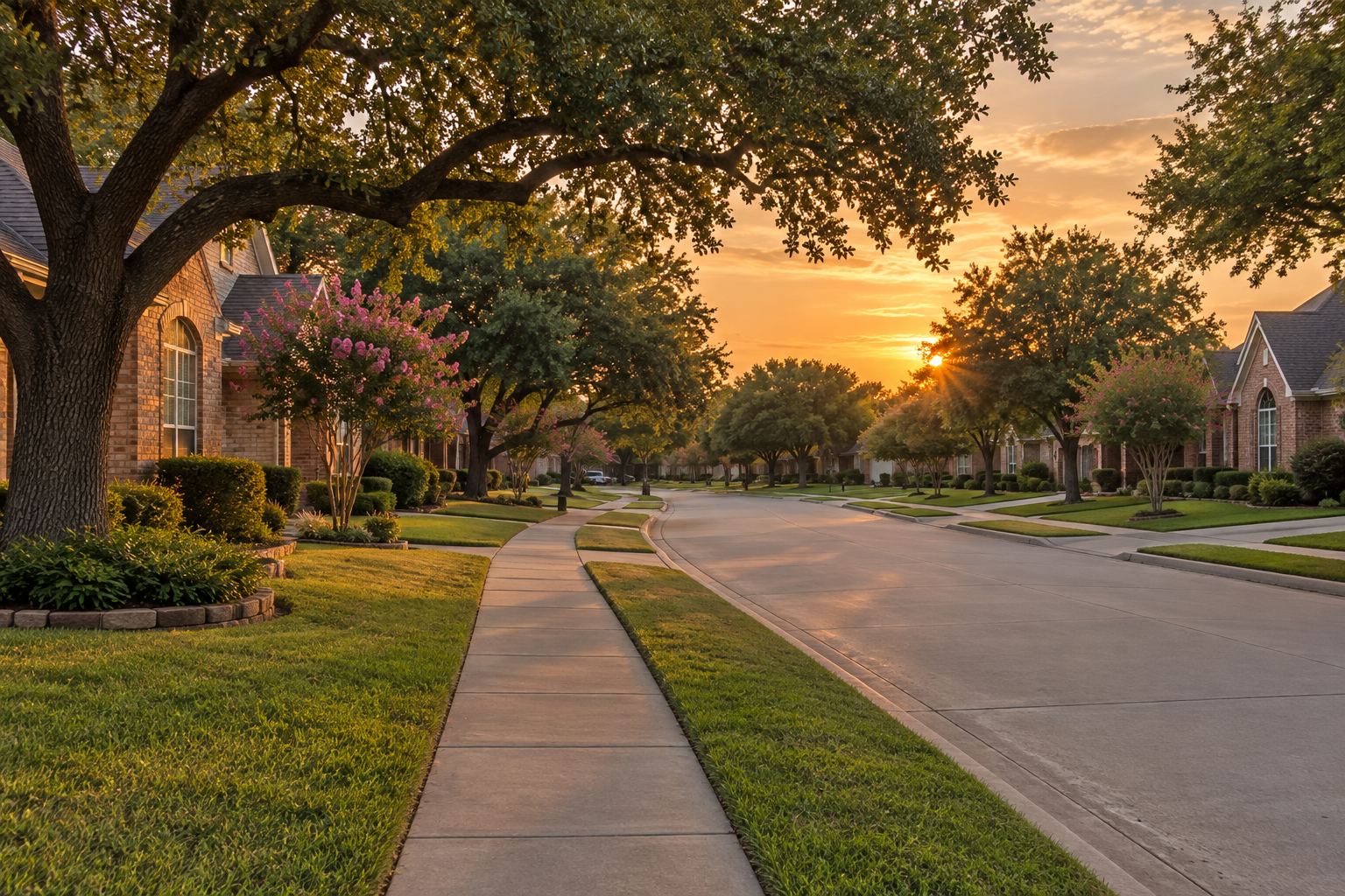 A Dallas residential street at sunset, illustrative