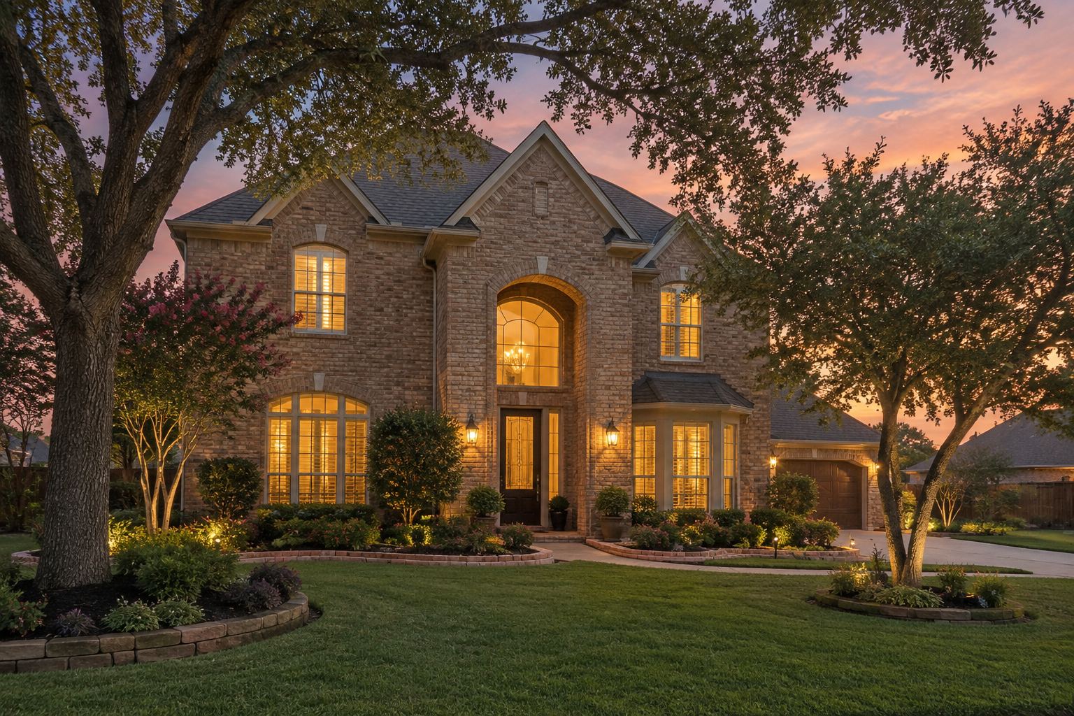 A Dallas home at dusk, illustrative