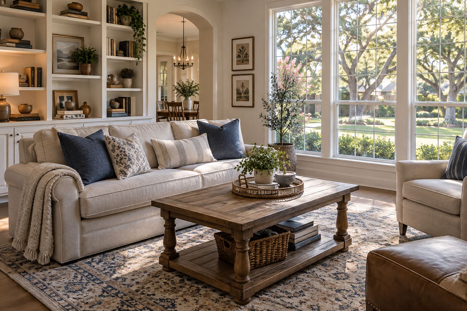 A cozy Dallas living room, illustrative
